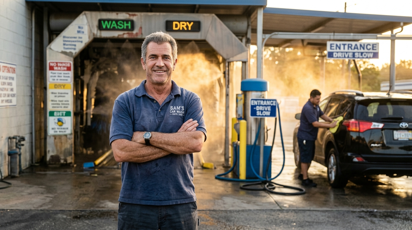 A car wash owner standing in front of his wash tunnel at golden hour