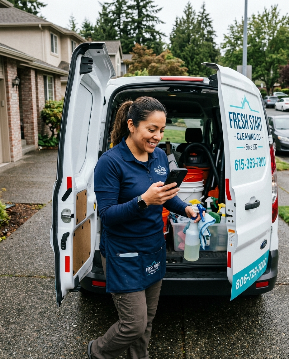 A cleaning company crew leader loading supplies into a branded van