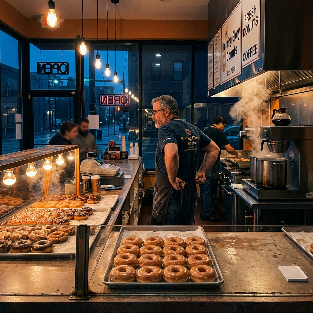 Fresh glazed donuts under warm case lighting at 5:30 AM