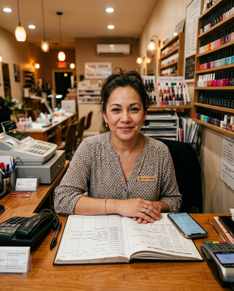 A nail salon owner at her reception desk between clients
